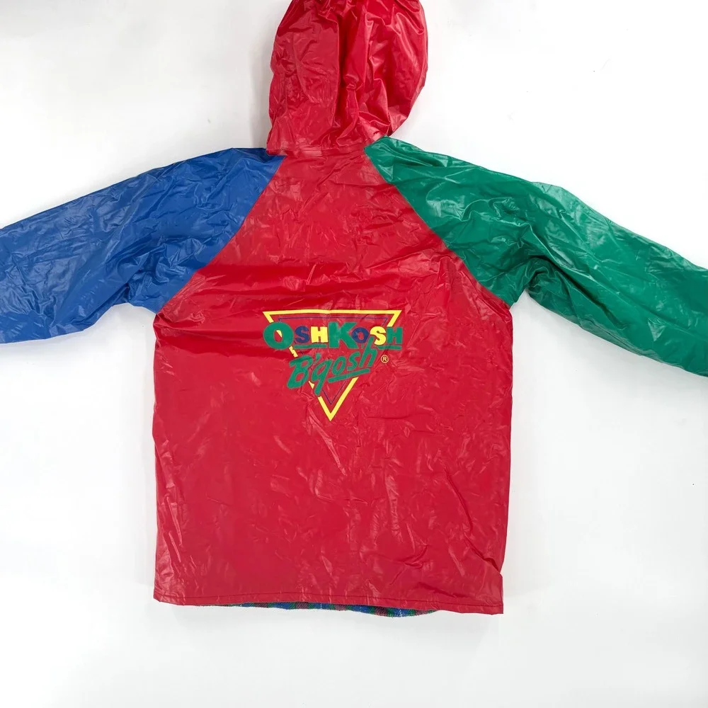 OshKosh Bgosh Raincoat Kids 7 Multi Color Good Vintage Colorblock Plaid 90s PVC